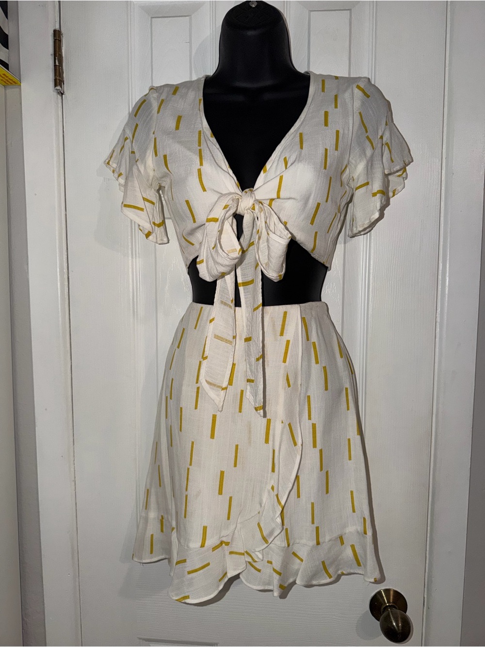 White and Yellow Dash Tie-Front Skirt Set
